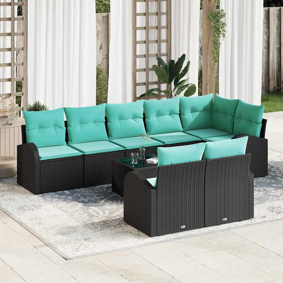 Tuinbankenset met kussen 9 pcs Zwart en Turquoise poly rattan