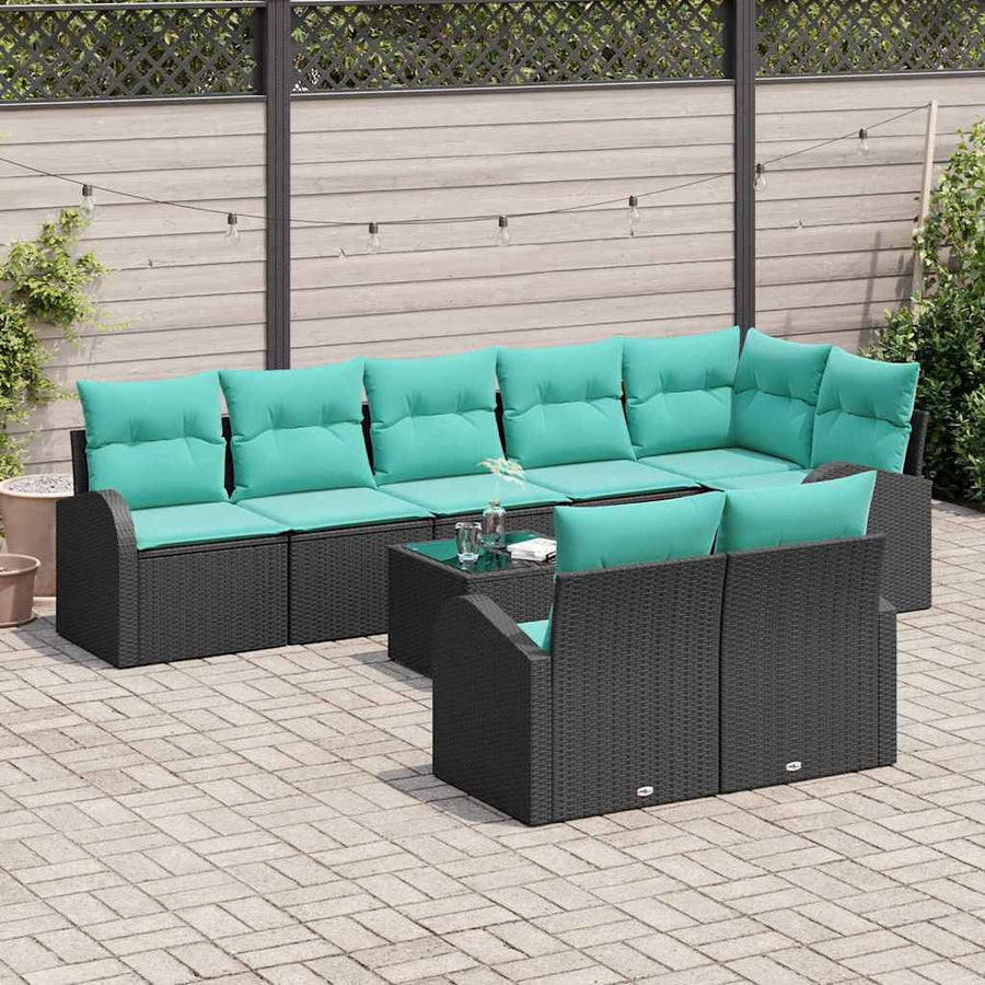 Tuinbankenset met kussen 9 pcs Zwart en Turquoise poly rattan