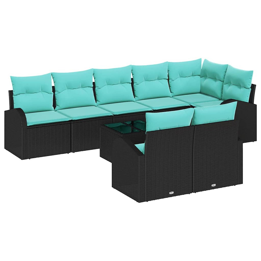 Tuinbankenset met kussen 9 pcs Zwart en Turquoise poly rattan