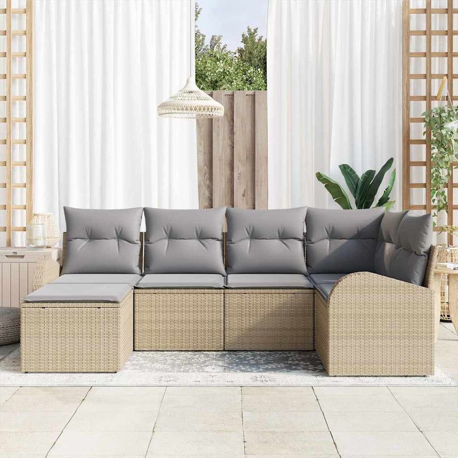 Bankstel met kussen 6 pcs Beige en lichtgrijs poly rattan