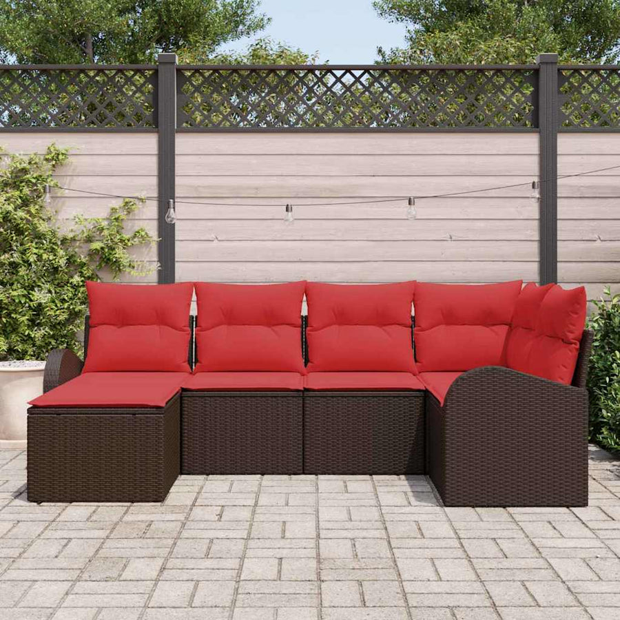 Bankstel met kussen met opslag 6 pcs Bruin en Rood poly rattan