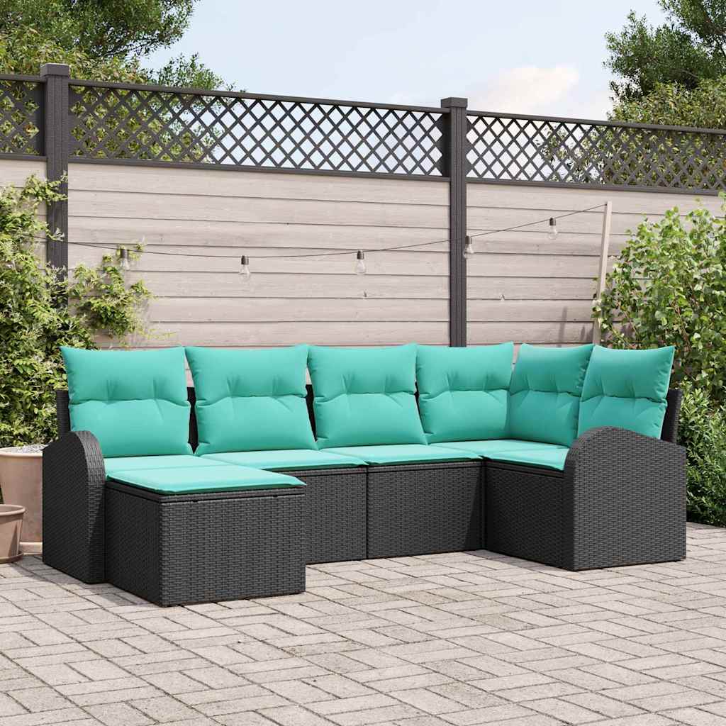 Bankstel met kussen 6 pcs Zwart en Turquoise poly rattan