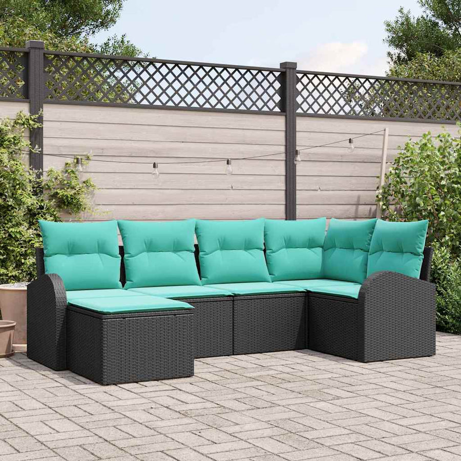 Bankstel met kussen 6 pcs Zwart en Turquoise poly rattan