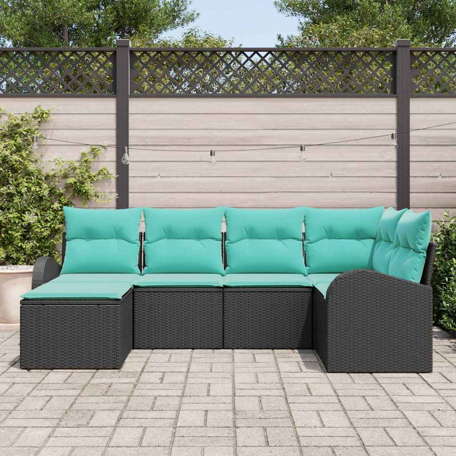 Bankstel met kussen 6 pcs Zwart en Turquoise poly rattan