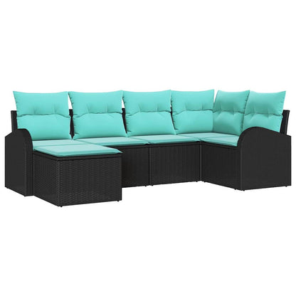 Bankstel met kussen 6 pcs Zwart en Turquoise poly rattan