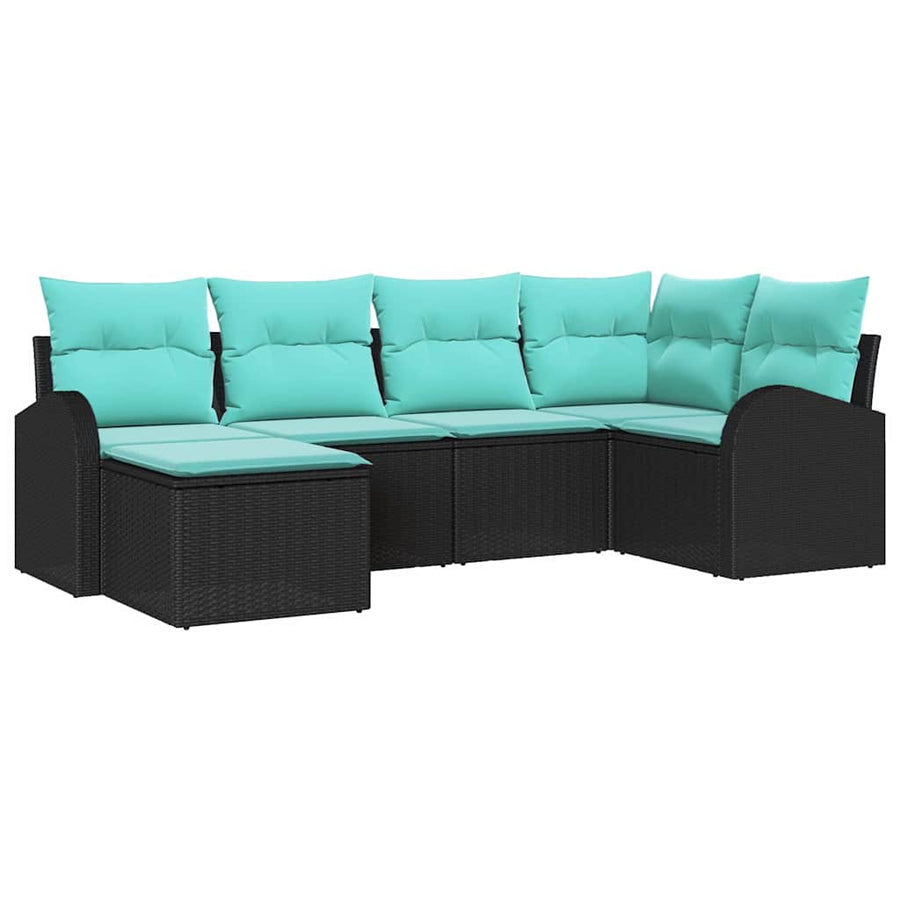 Bankstel met kussen 6 pcs Zwart en Turquoise poly rattan