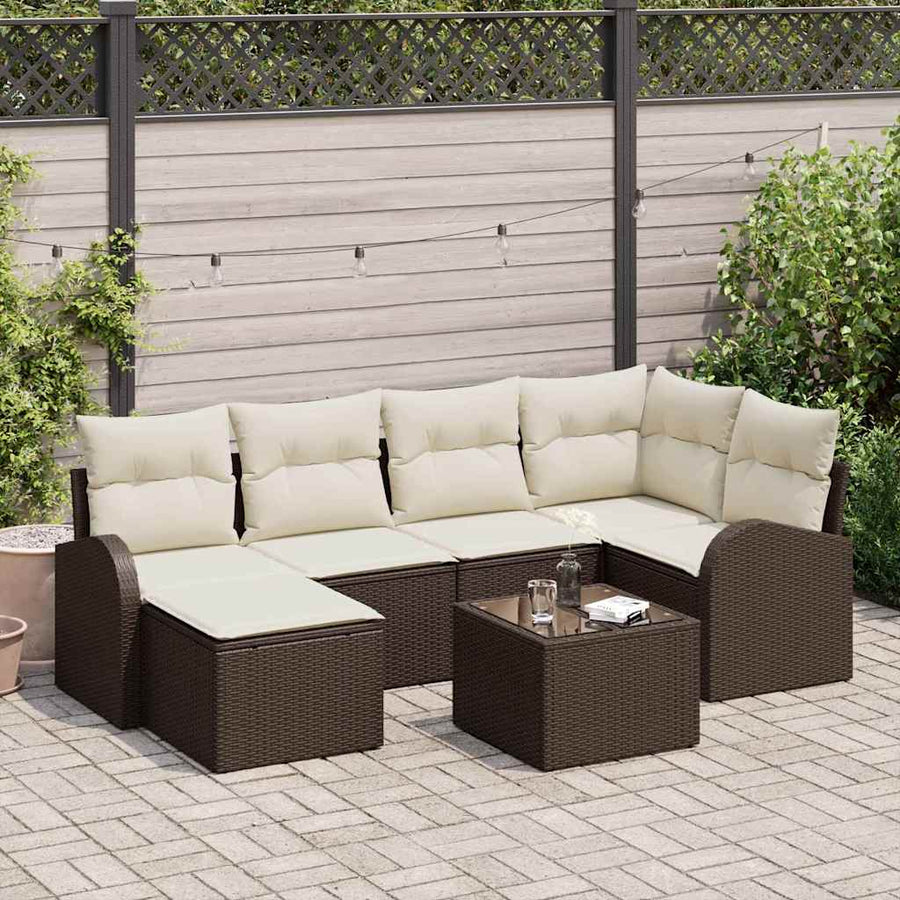Bankstel met kussen met opslag 7 pcs Bruin en wit poly rattan
