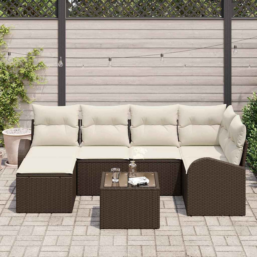 Bankstel met kussen met opslag 7 pcs Bruin en wit poly rattan