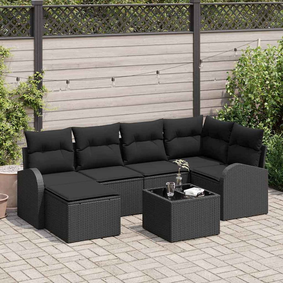 Bankstel met kussen met opslag 7 pcs Zwart poly rattan