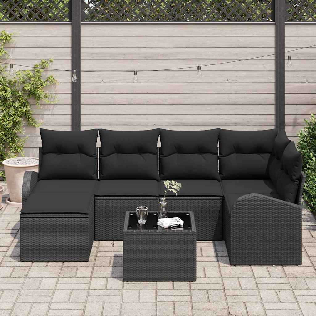 Bankstel met kussen met opslag 7 pcs Zwart poly rattan