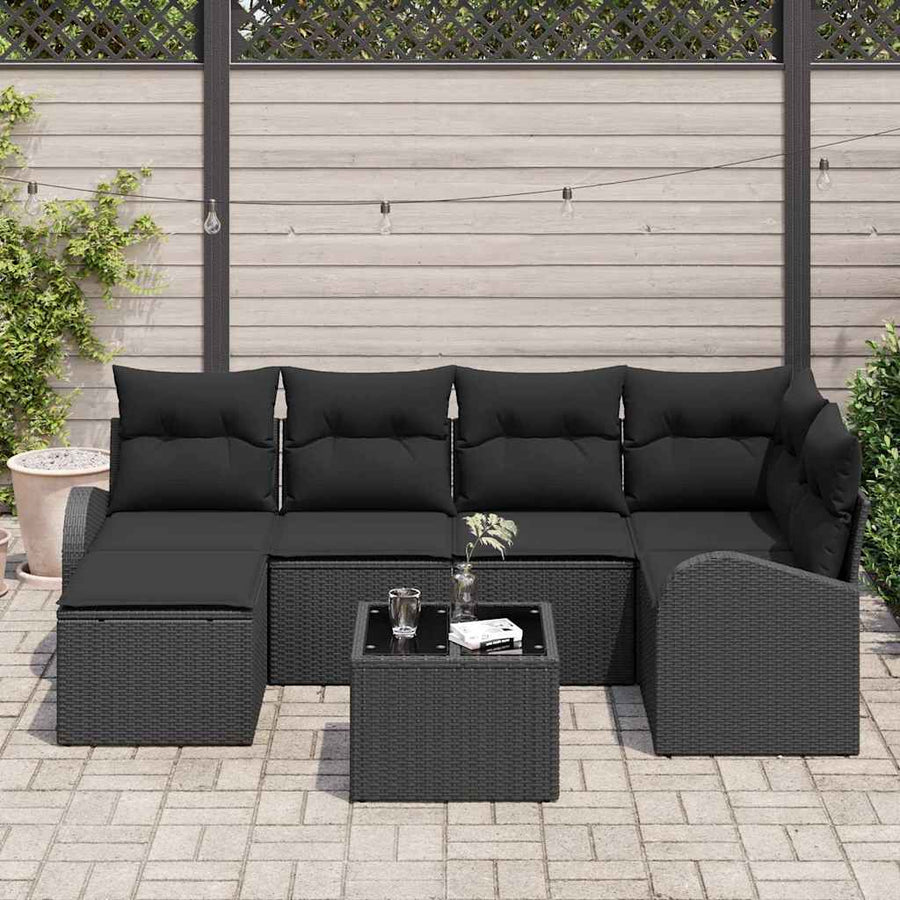 Bankstel met kussen met opslag 7 pcs Zwart poly rattan