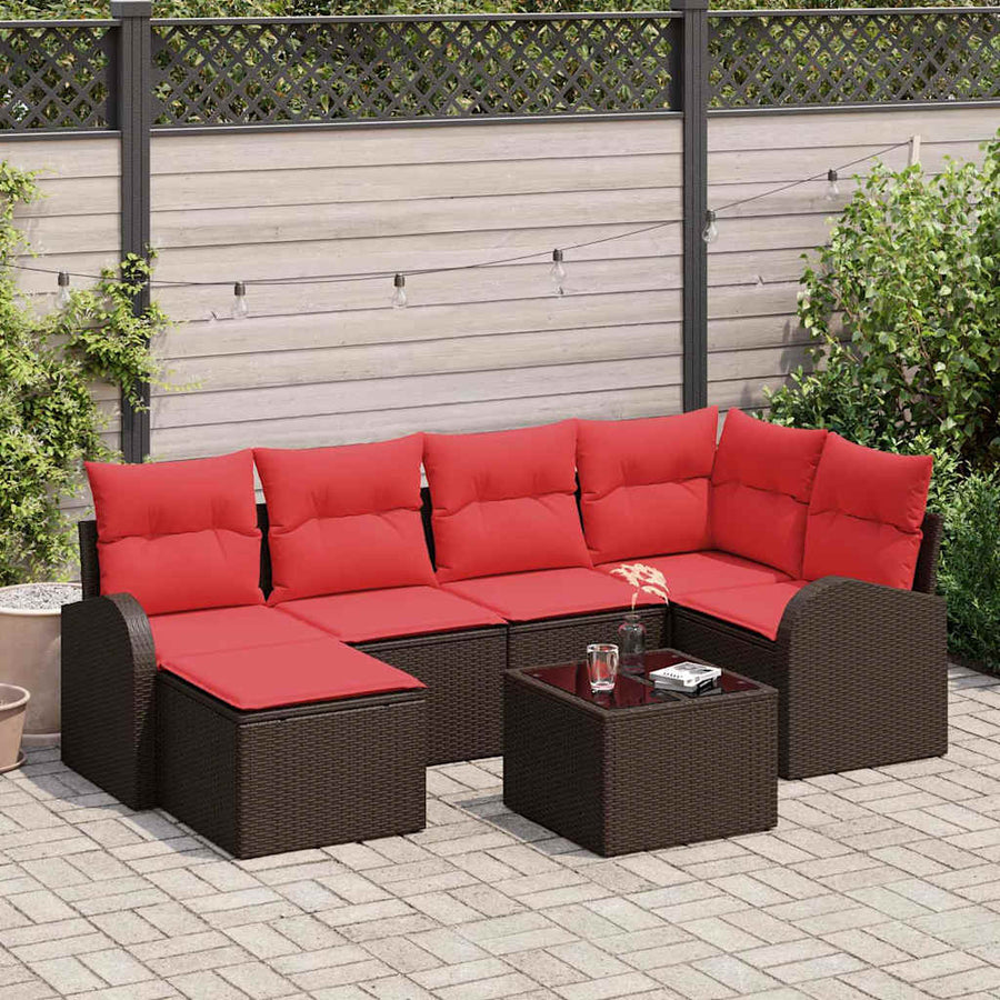 Bankstel met kussen met opslag 7 pcs Bruin en Rood poly rattan