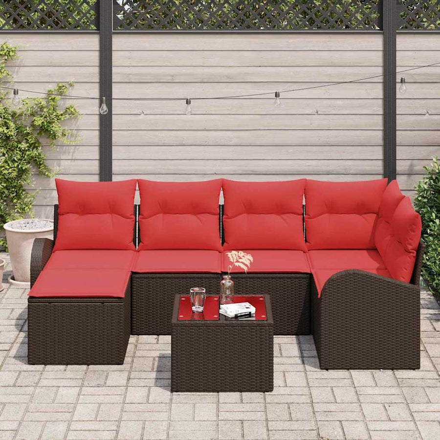 Bankstel met kussen met opslag 7 pcs Bruin en Rood poly rattan