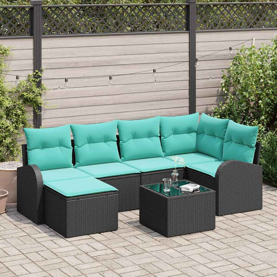 Bankstel met kussen 7 pcs Zwart en Turquoise poly rattan