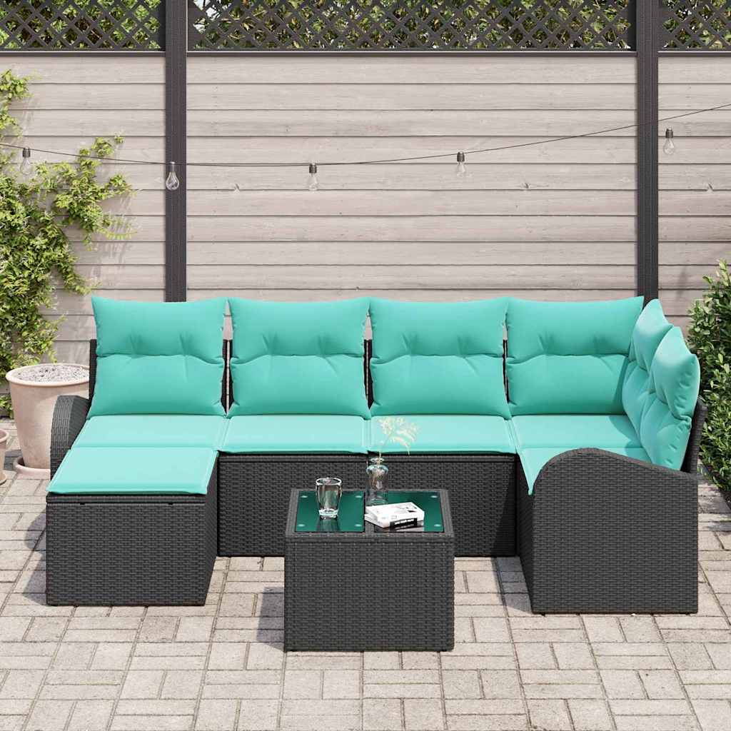 Bankstel met kussen 7 pcs Zwart en Turquoise poly rattan