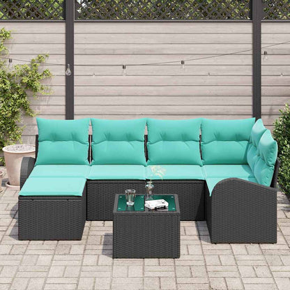 Bankstel met kussen 7 pcs Zwart en Turquoise poly rattan