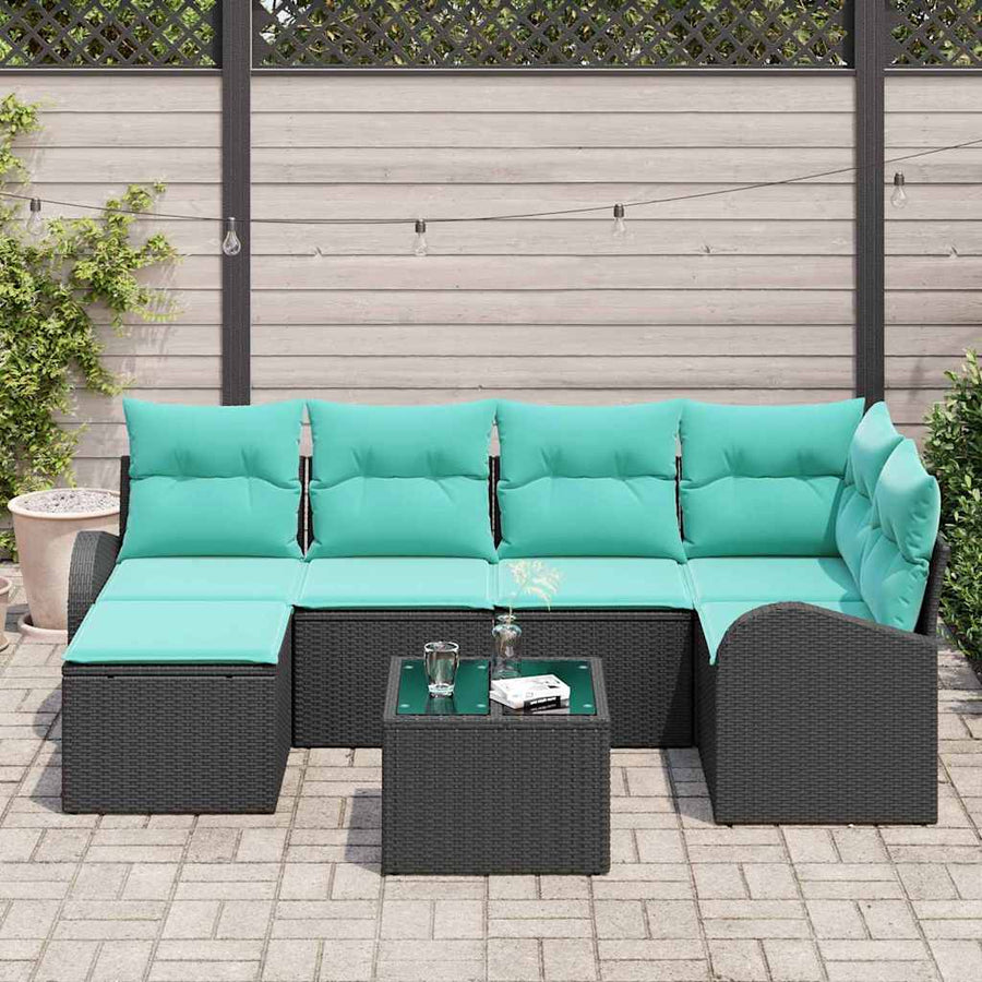 Bankstel met kussen 7 pcs Zwart en Turquoise poly rattan