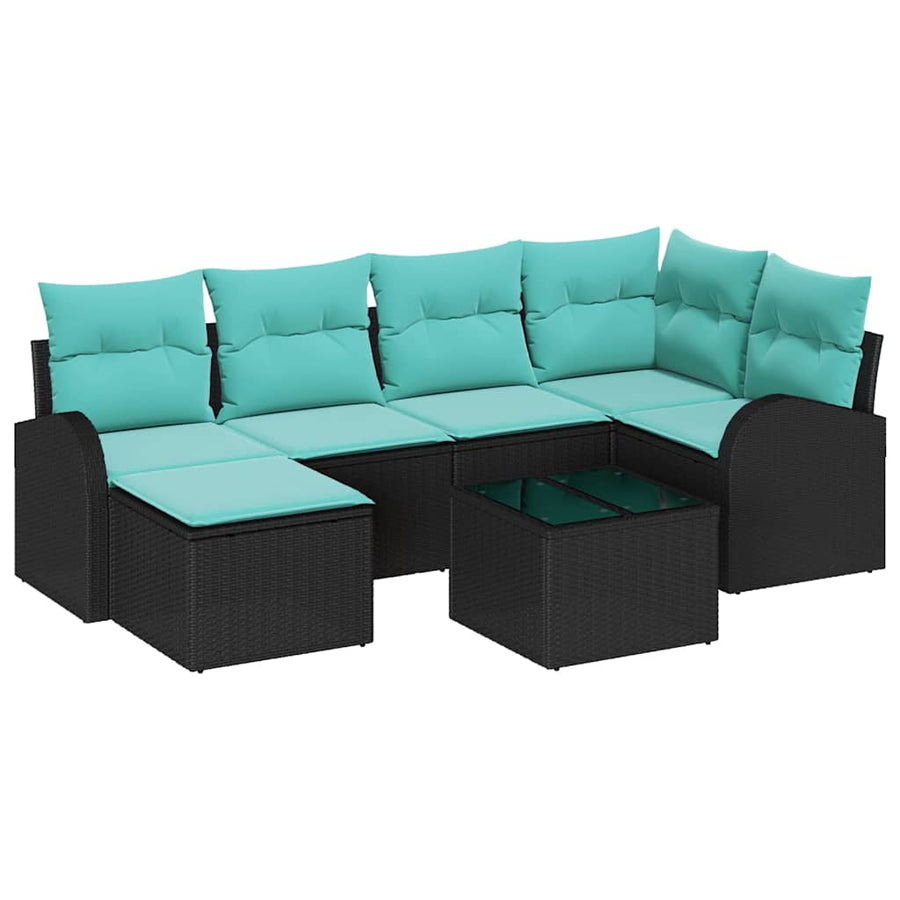 Bankstel met kussen 7 pcs Zwart en Turquoise poly rattan