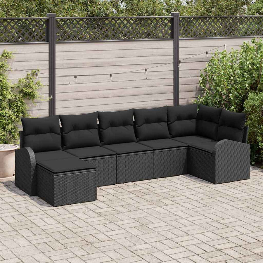 Bankstel met kussen met opslag 7 pcs Zwart poly rattan