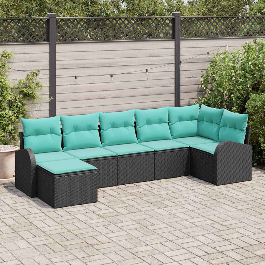 Bankstel met kussen 7 pcs Zwart en Turquoise poly rattan