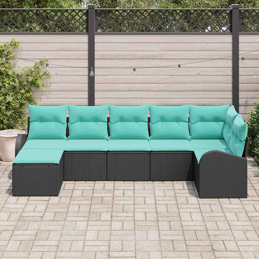 Bankstel met kussen 7 pcs Zwart en Turquoise poly rattan