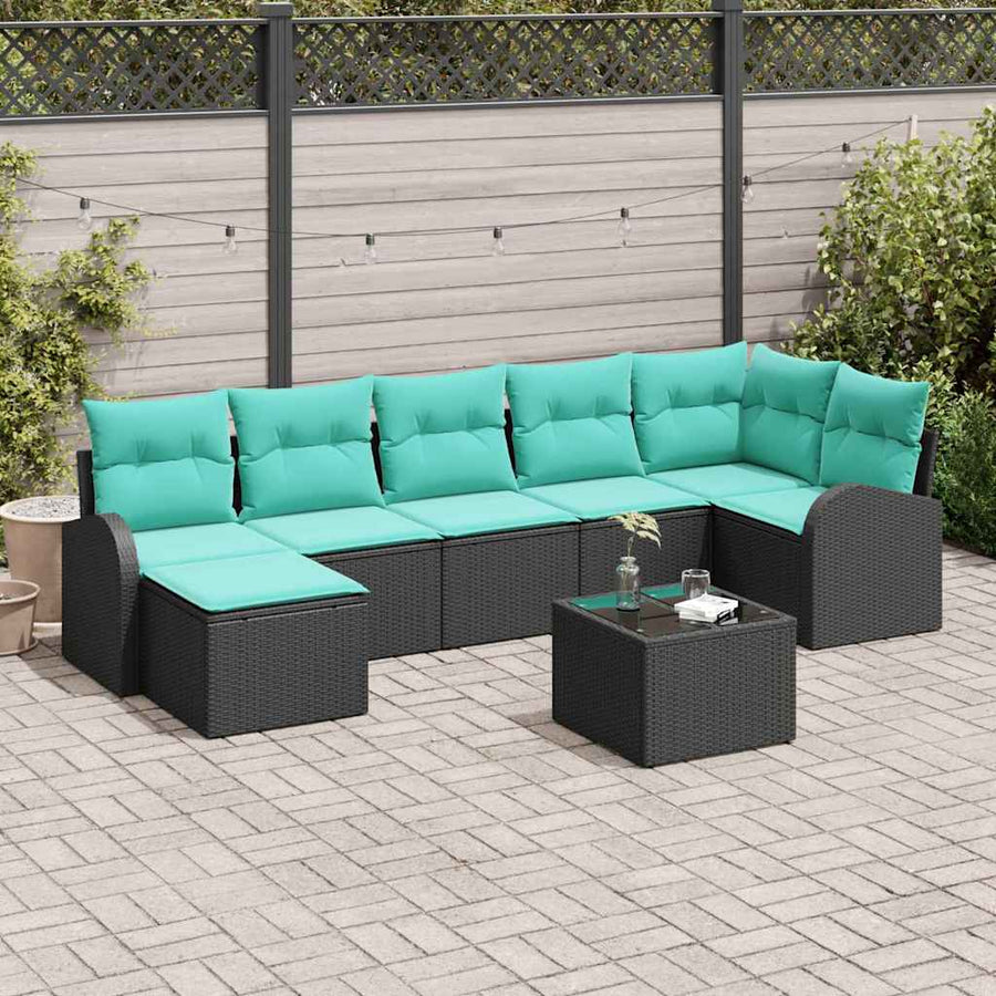 Bankstel met kussen 8 pcs Zwart en Turquoise poly rattan