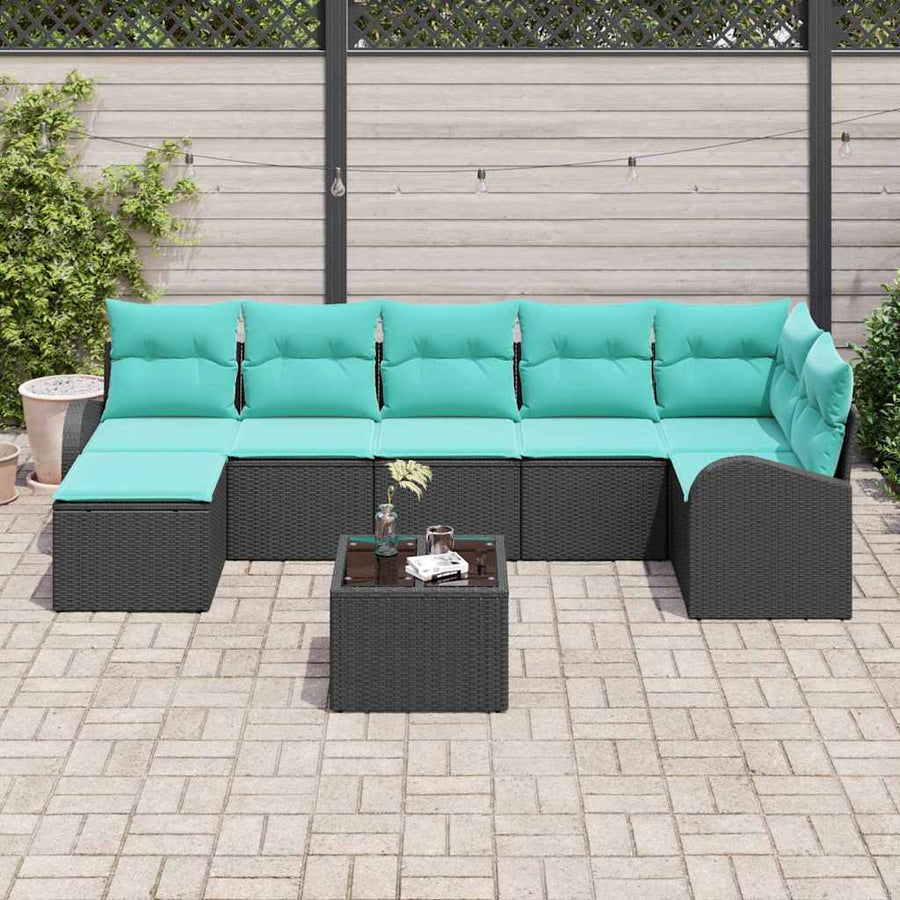 Bankstel met kussen 8 pcs Zwart en Turquoise poly rattan