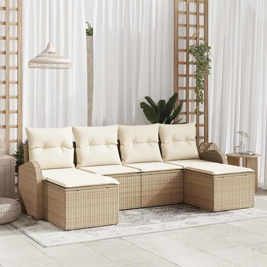 Bankstel met kussen met opslag 6 pcs Beige en Wit poly rattan