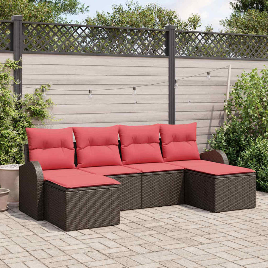 Bankstel met kussen met opslag 6 pcs Bruin en Rood poly rattan