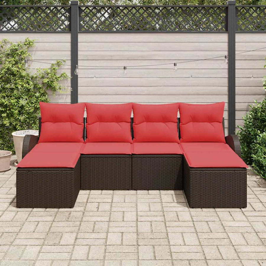 Bankstel met kussen met opslag 6 pcs Bruin en Rood poly rattan