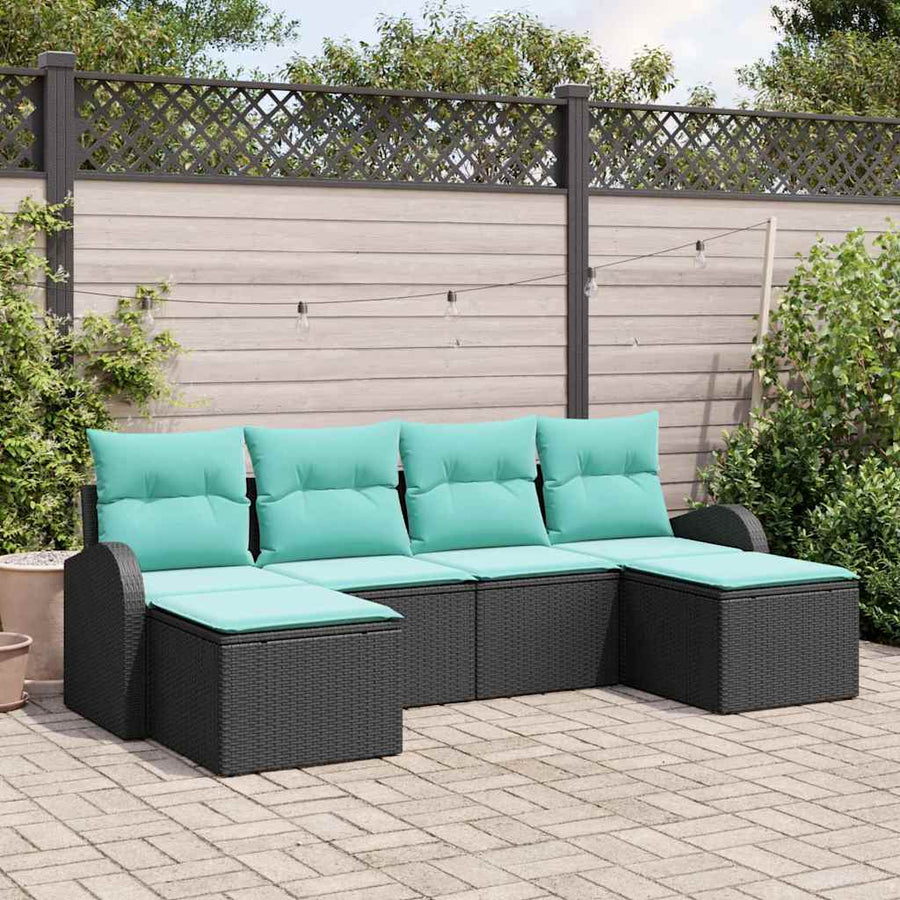 Bankstel met kussen 6 pcs Zwart en Turquoise poly rattan