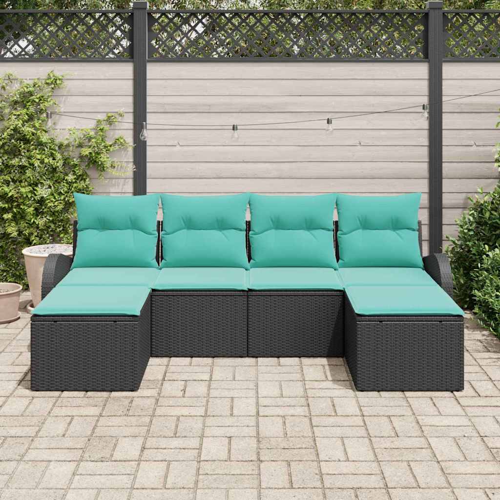 Bankstel met kussen 6 pcs Zwart en Turquoise poly rattan