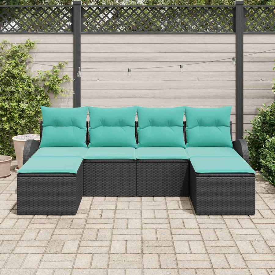 Bankstel met kussen 6 pcs Zwart en Turquoise poly rattan