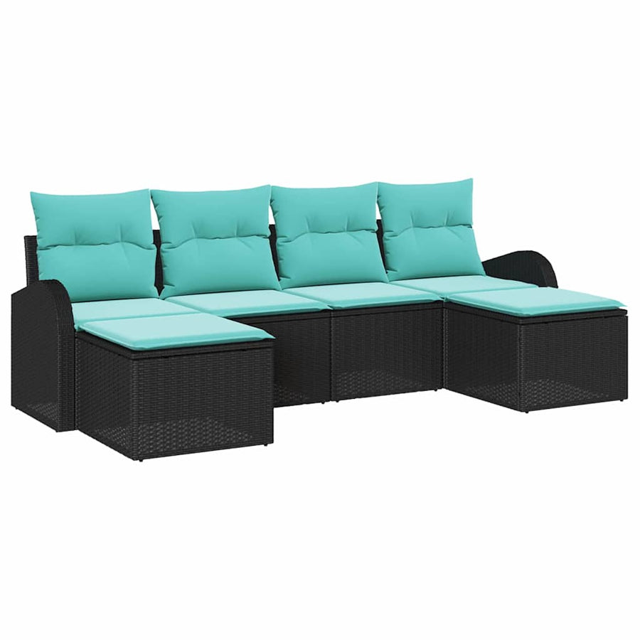Bankstel met kussen 6 pcs Zwart en Turquoise poly rattan