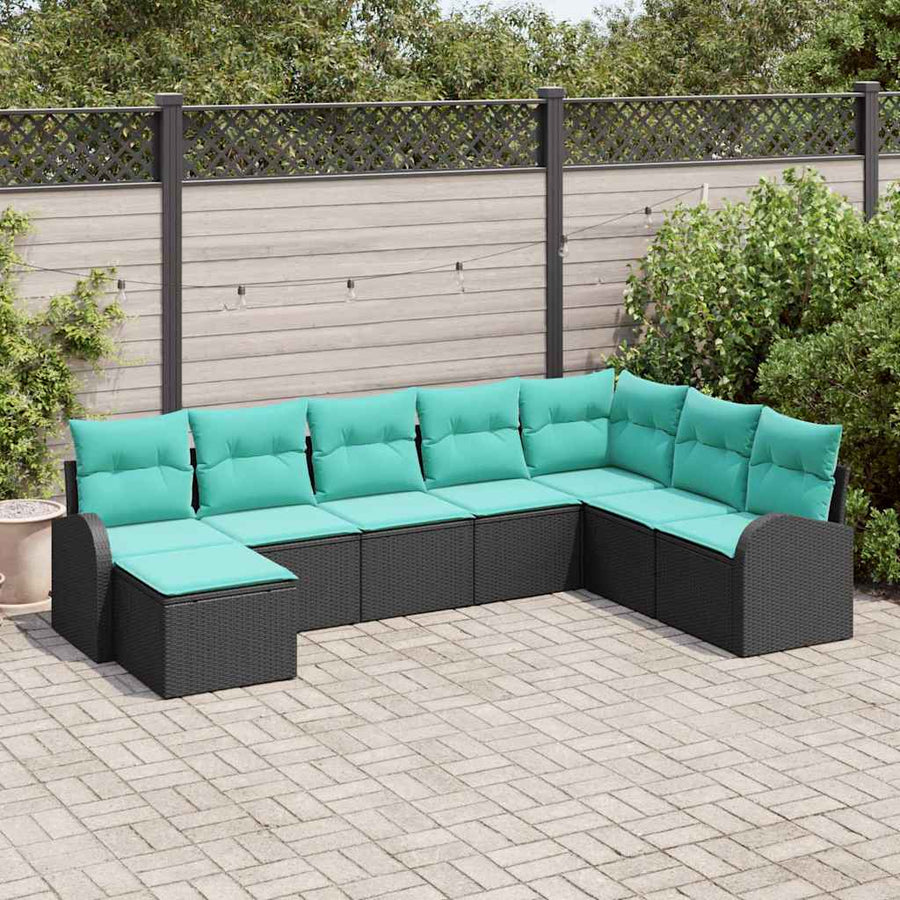 Bankstel met kussen 8 pcs Zwart en Turquoise poly rattan