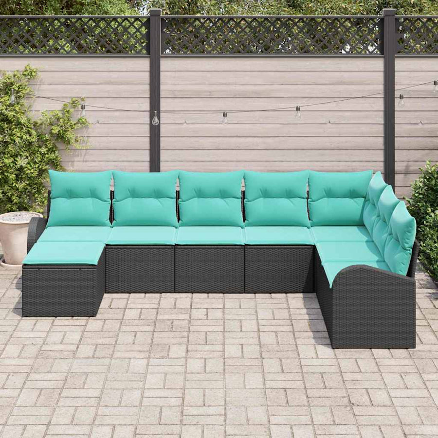 Bankstel met kussen 8 pcs Zwart en Turquoise poly rattan