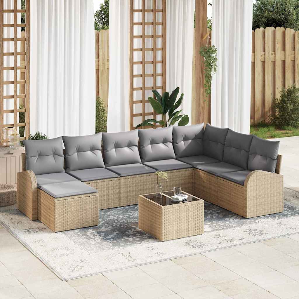 Bankstel met kussen 9 pcs Beige en lichtgrijs poly rattan