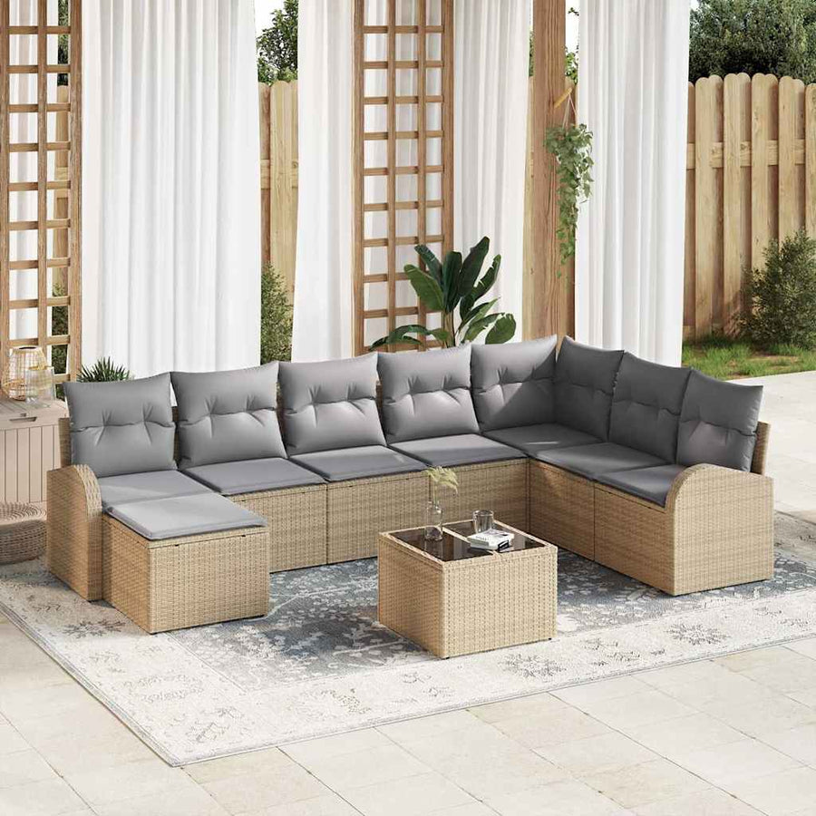 Bankstel met kussen 9 pcs Beige en lichtgrijs poly rattan