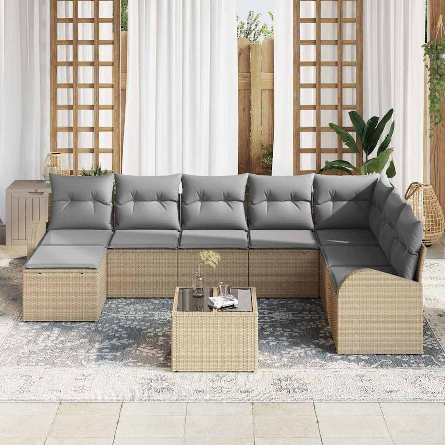 Bankstel met kussen 9 pcs Beige en lichtgrijs poly rattan