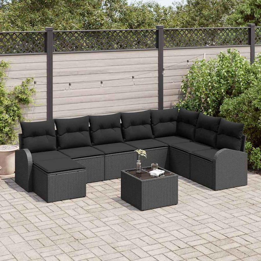 Bankstel met kussen met opslag 9 pcs Zwart poly rattan