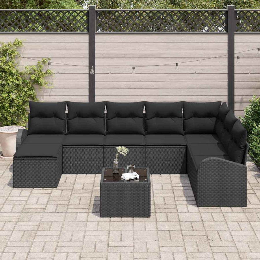 Bankstel met kussen met opslag 9 pcs Zwart poly rattan