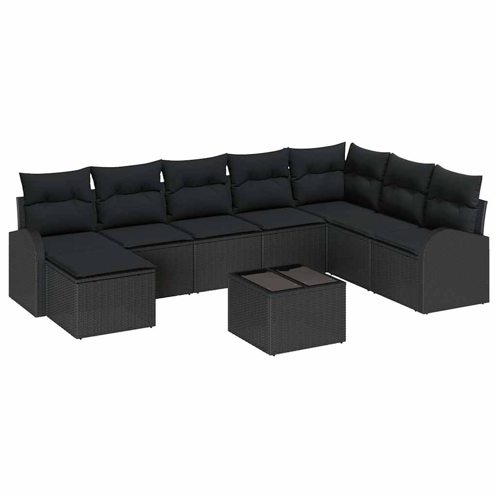 Bankstel met kussen met opslag 9 pcs Zwart poly rattan