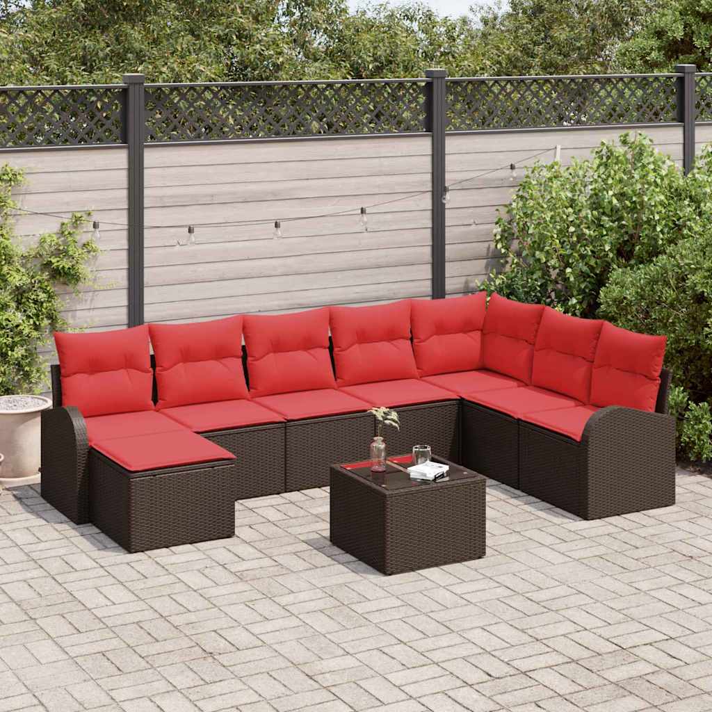 Bankstel met kussen met opslag 9 pcs Bruin en Rood poly rattan