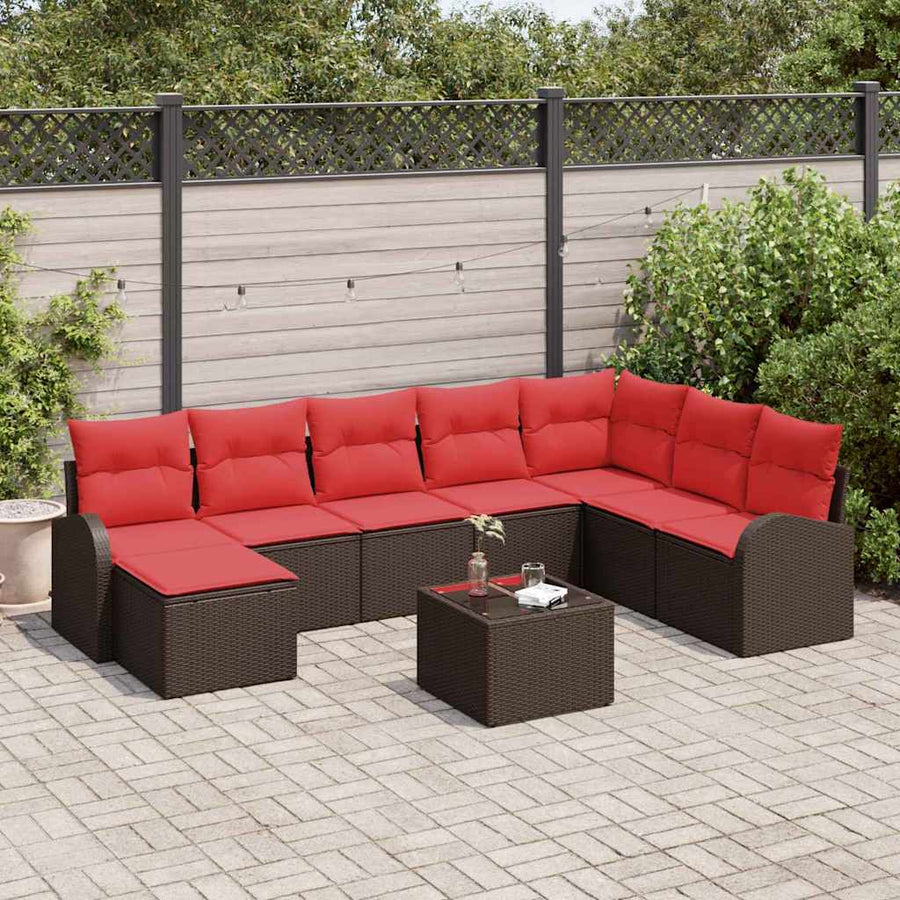 Bankstel met kussen met opslag 9 pcs Bruin en Rood poly rattan