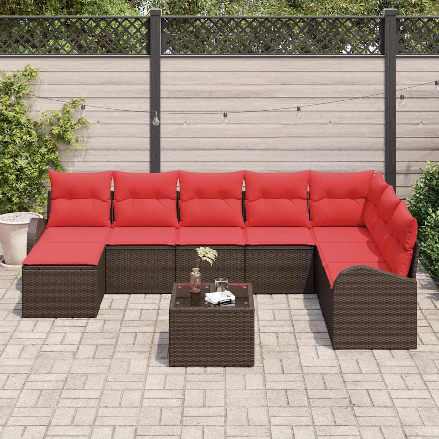 Bankstel met kussen met opslag 9 pcs Bruin en Rood poly rattan