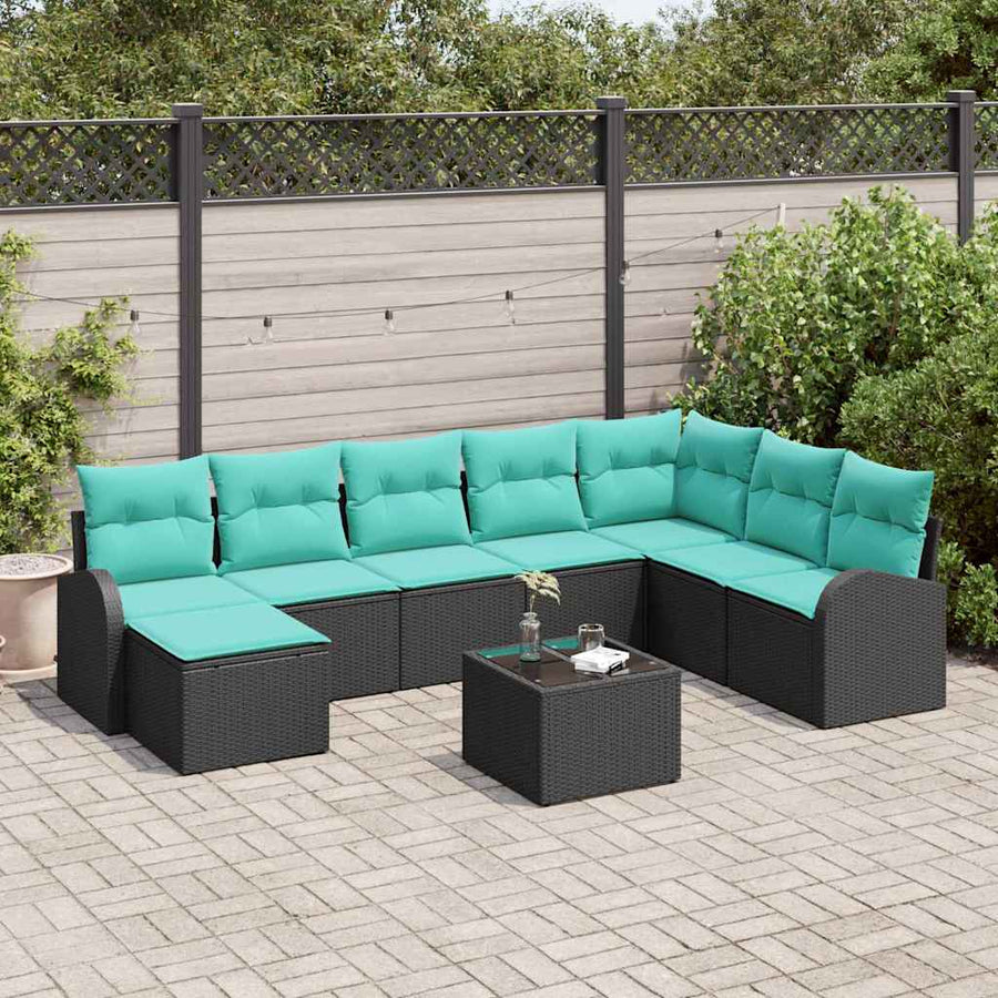 Bankstel met kussen 9 pcs Zwart en Turquoise poly rattan