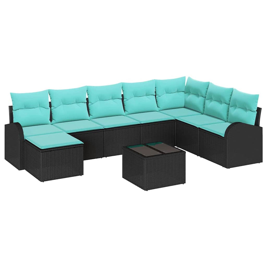 Bankstel met kussen 9 pcs Zwart en Turquoise poly rattan