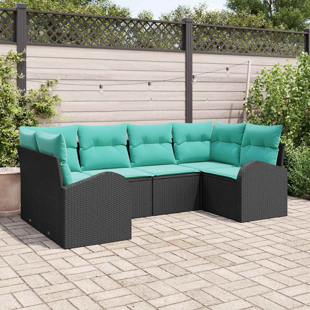 Tuinbankenset met kussen 6 pcs Zwart en Turquoise poly rattan