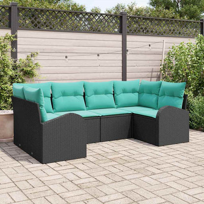 Tuinbankenset met kussen 6 pcs Zwart en Turquoise poly rattan
