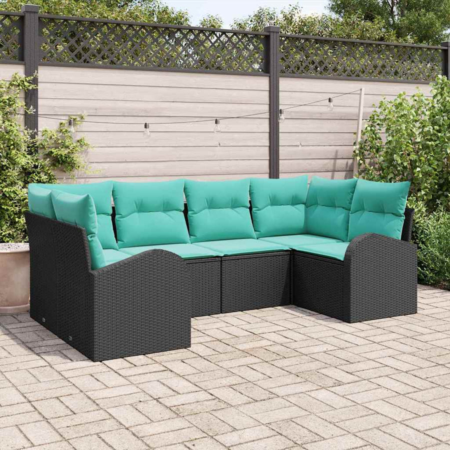 Tuinbankenset met kussen 6 pcs Zwart en Turquoise poly rattan